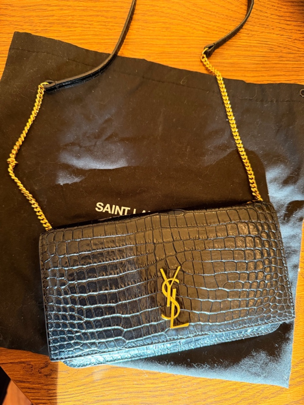 Saint Laurent Cassandre Black Croc-Embossed Chain Crossbody with Gold YSL Logo